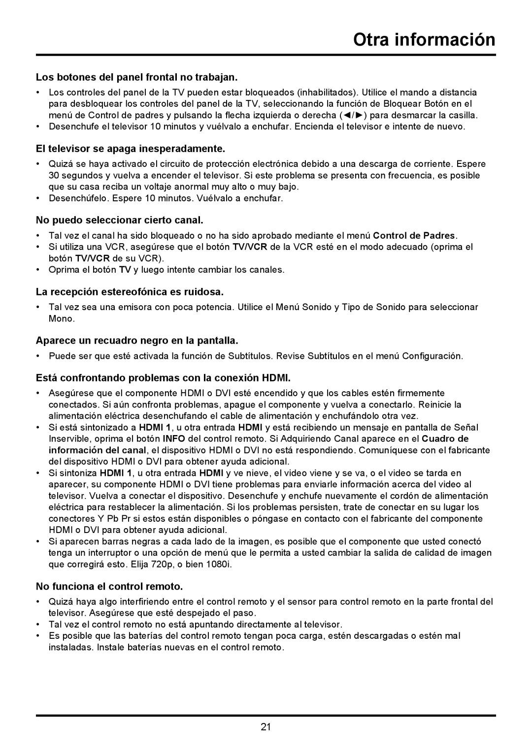 TTE Technology LE32HDF3010STA manual Los botones del panel frontal no trabajan, El televisor se apaga inesperadamente 