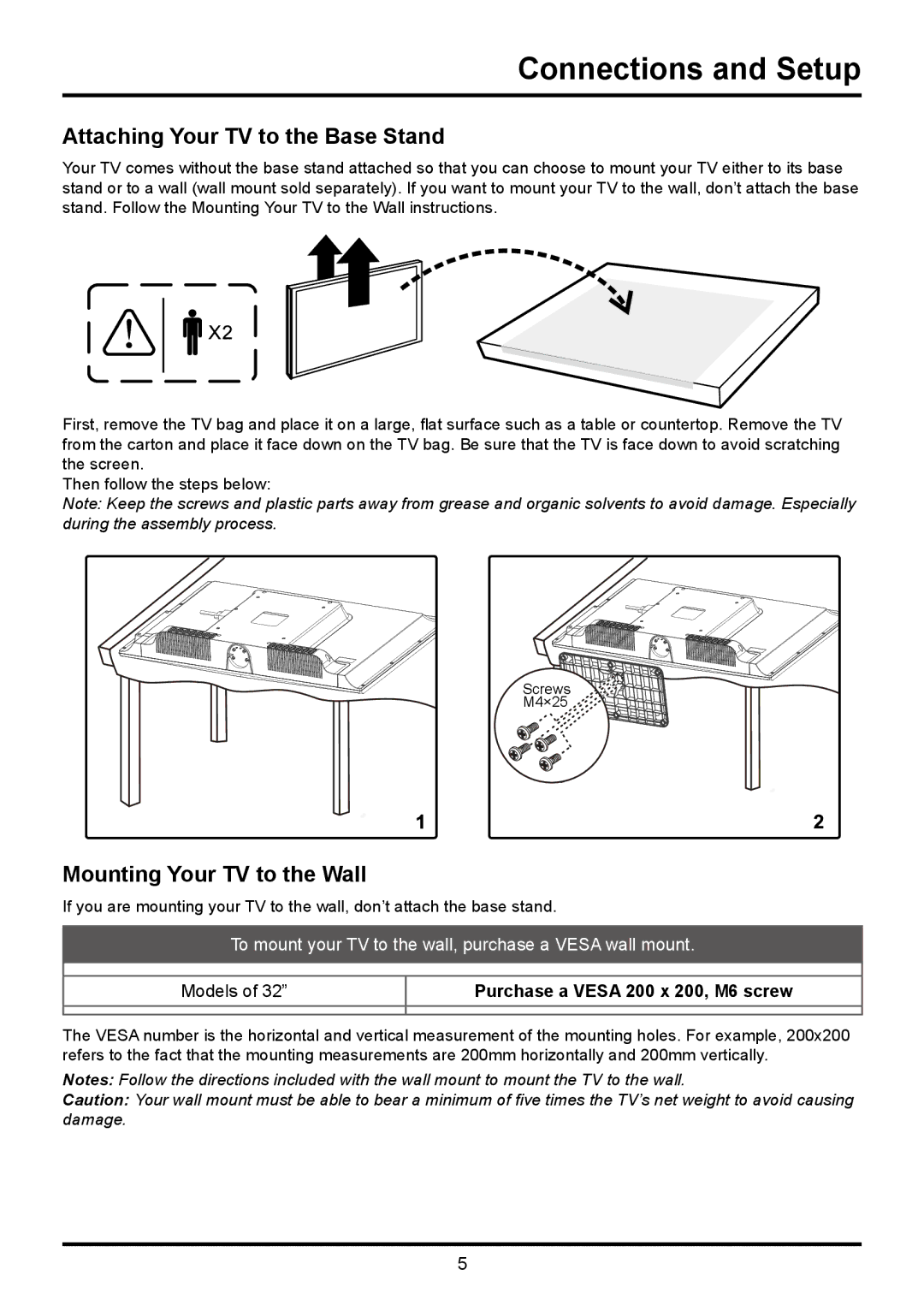 TTE Technology LE32HDF3010TA Connections and Setup, Attaching Your TV to the Base Stand, Mounting Your TV to the Wall 