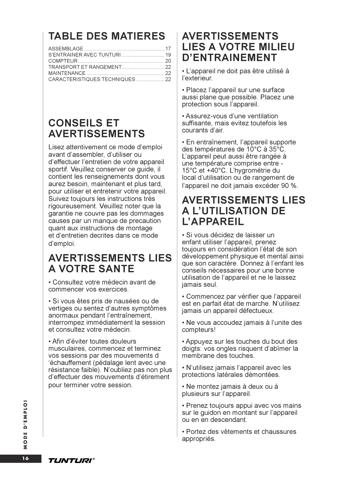 Tunturi C20 owner manual Table DES Matieres, Conseils ET Avertissements, Avertissements Lies a Votre Sante 