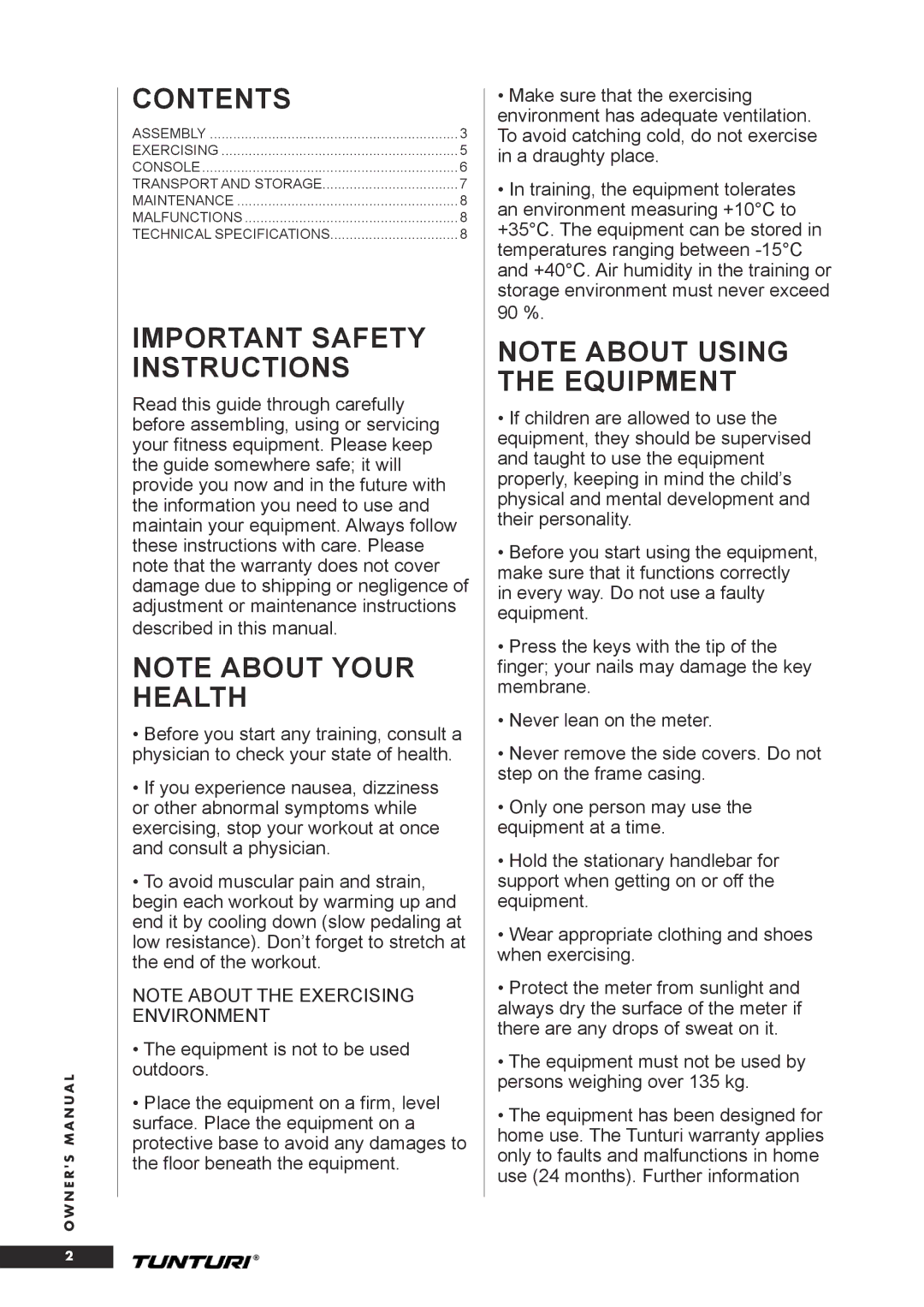 Tunturi C20 owner manual Contents, Important Safety Instructions 