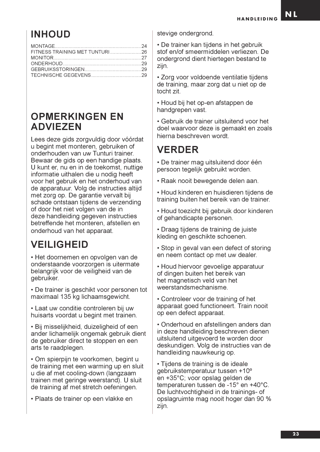 Tunturi C20 owner manual Inhoud, Opmerkingen EN Adviezen, Veiligheid, Verder 