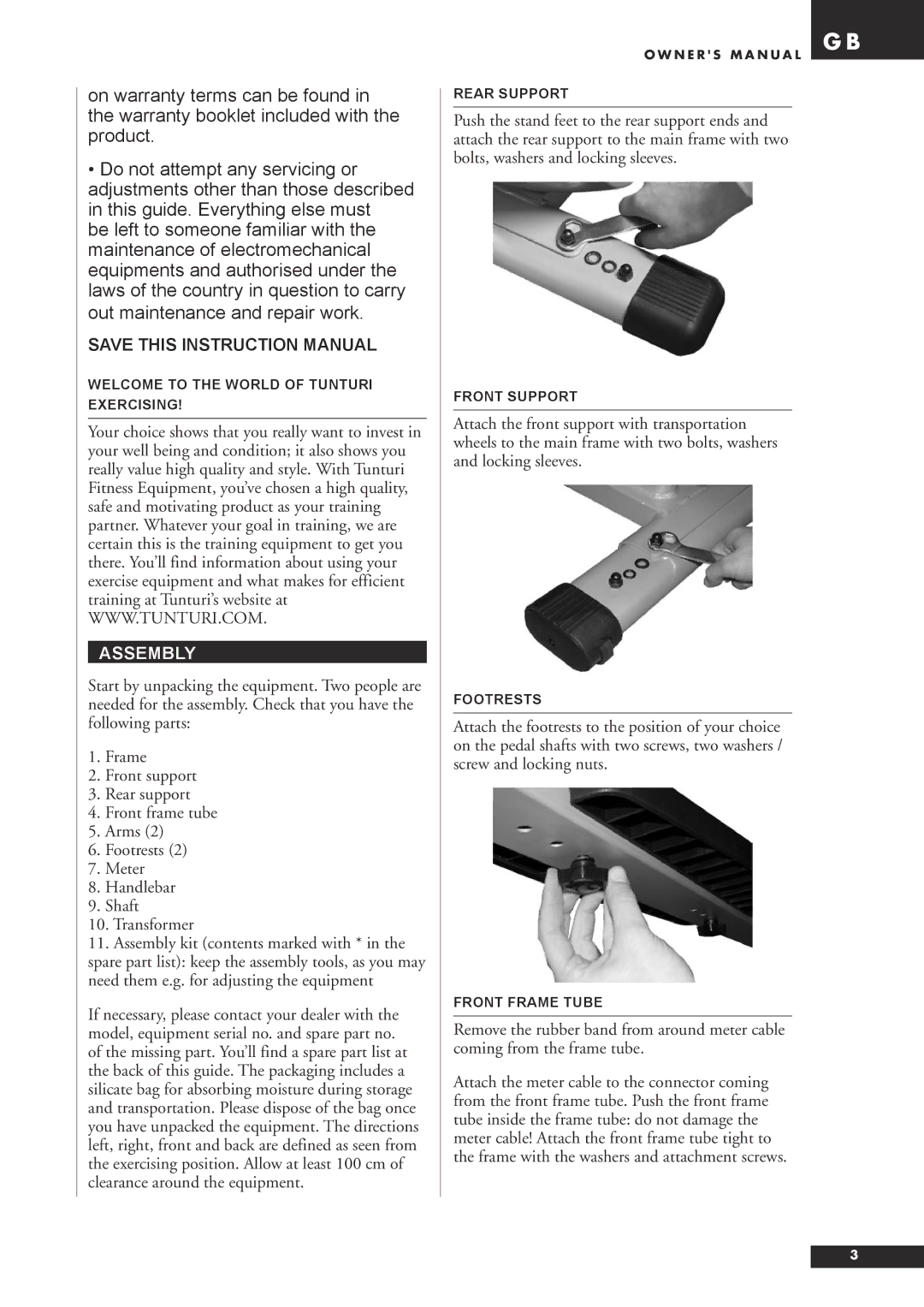 Tunturi C20 owner manual Assembly 