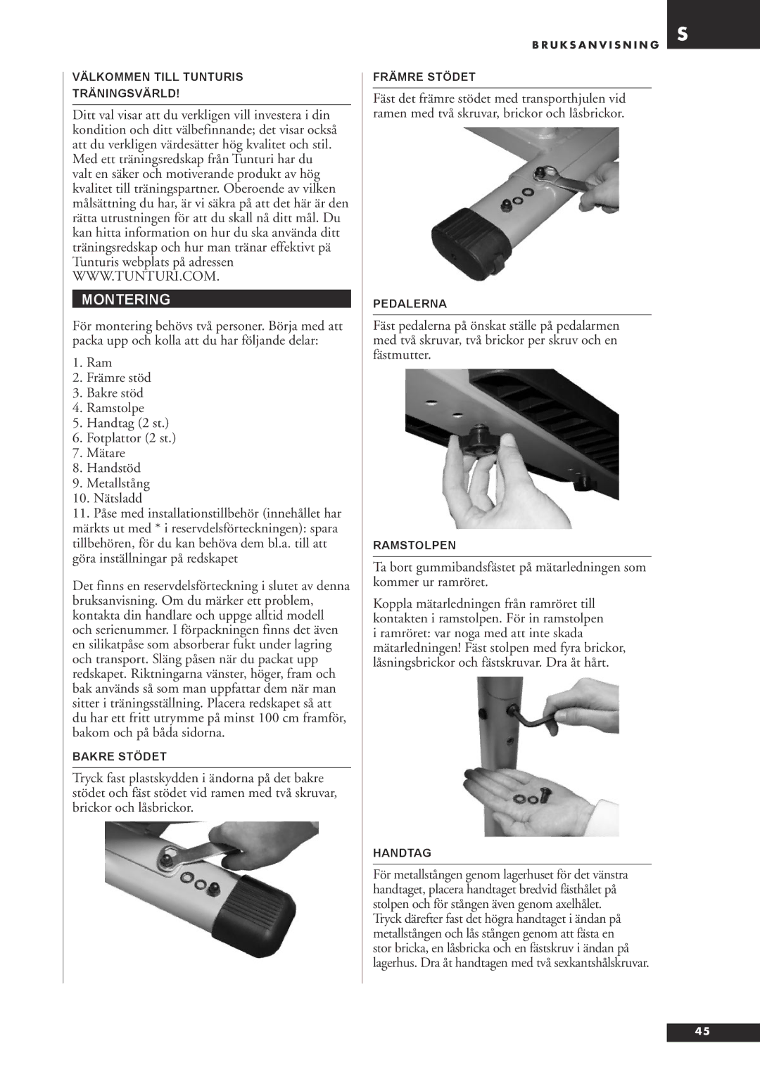 Tunturi C20 owner manual Montering, Handtag 