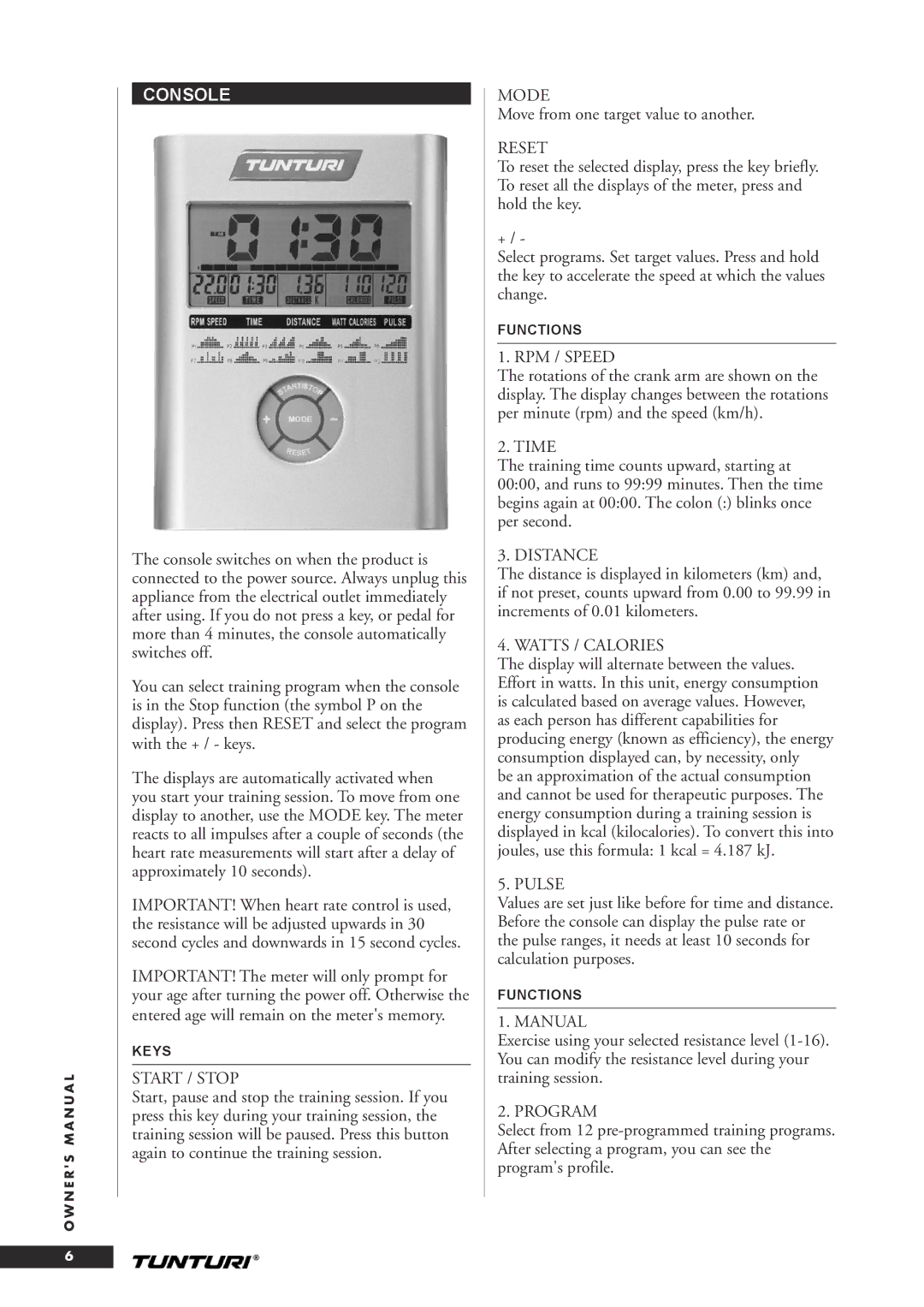 Tunturi C20 owner manual Console 