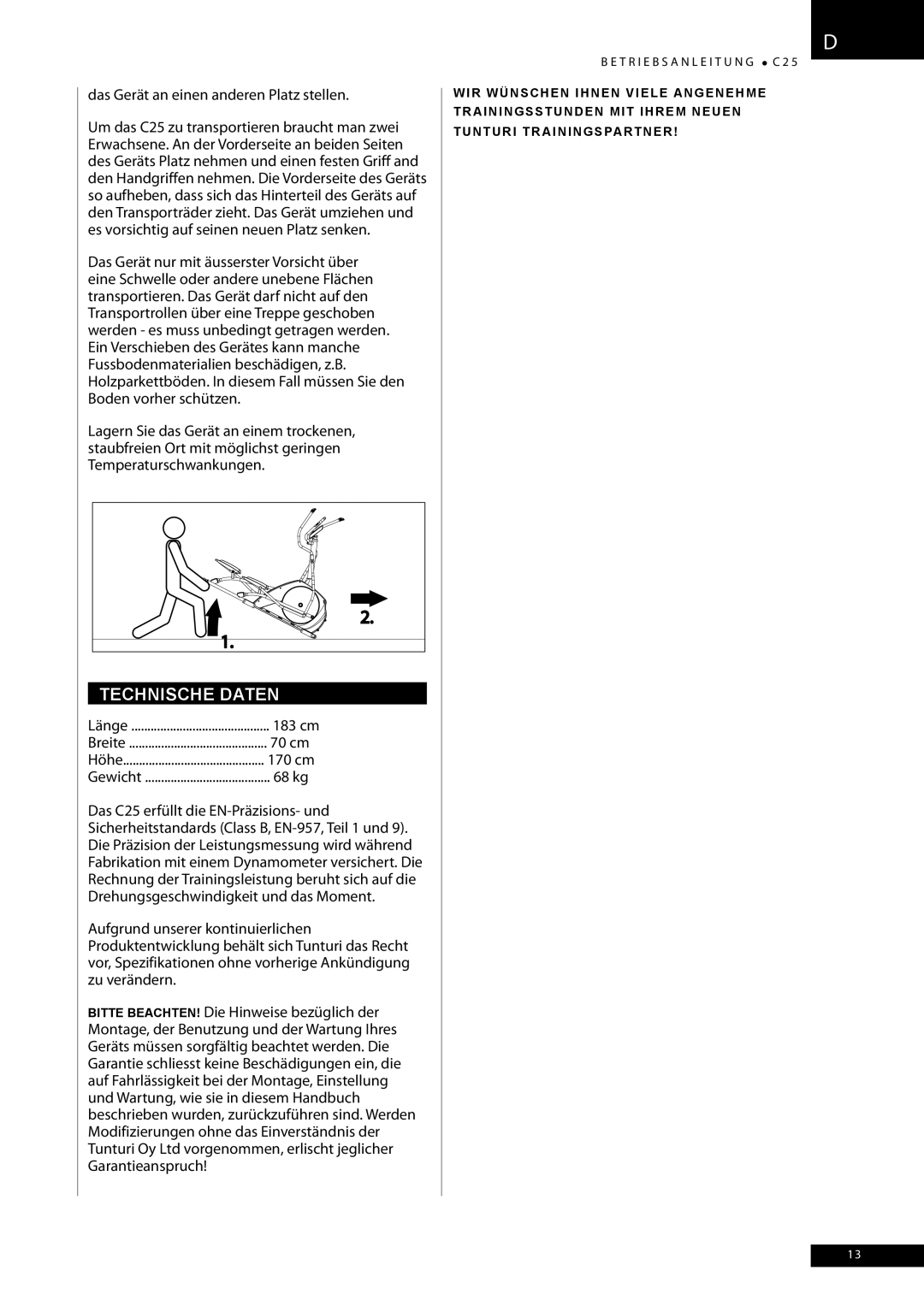 Tunturi C25 owner manual Technische Daten, Das Gerät an einen anderen Platz stellen, 170 cm 