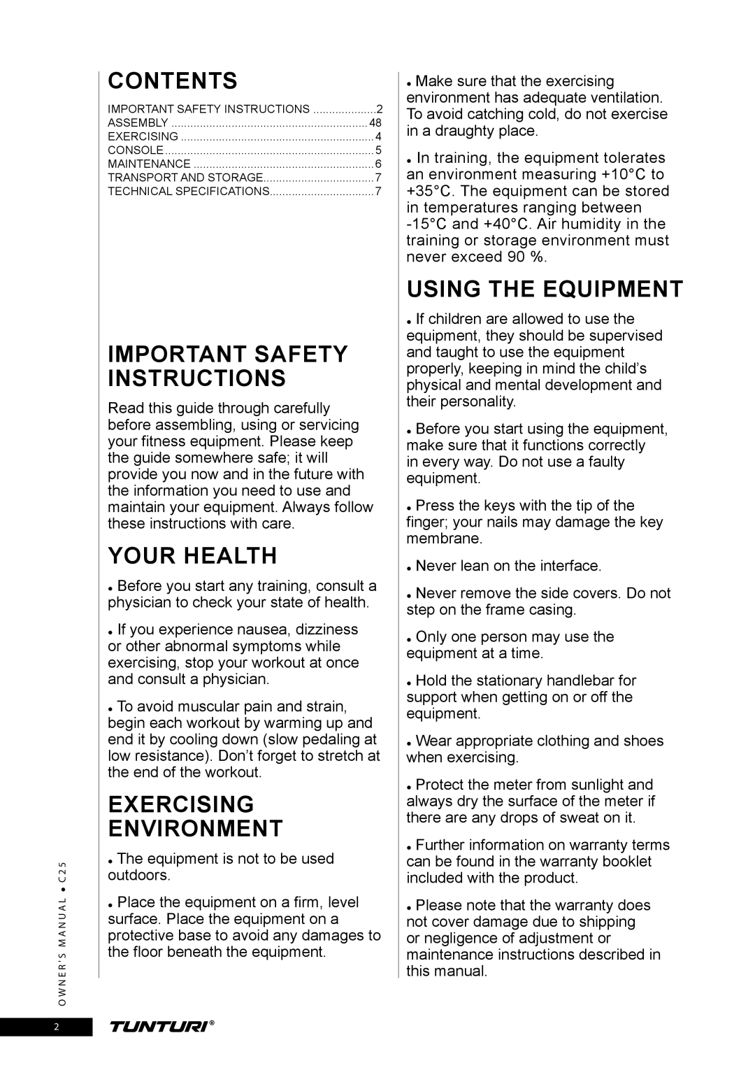 Tunturi C25 owner manual Important Safety Instructions 