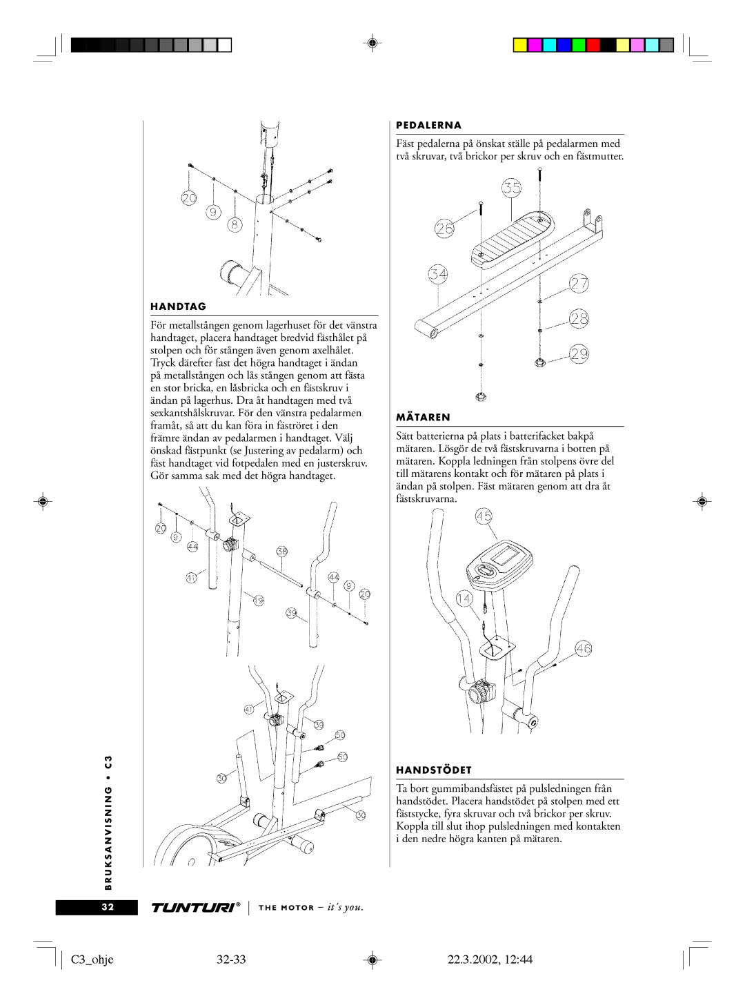 Tunturi owner manual C3ohje32-33 22.3.2002, Handtag, Pedalerna, Mätaren, Handstödet 