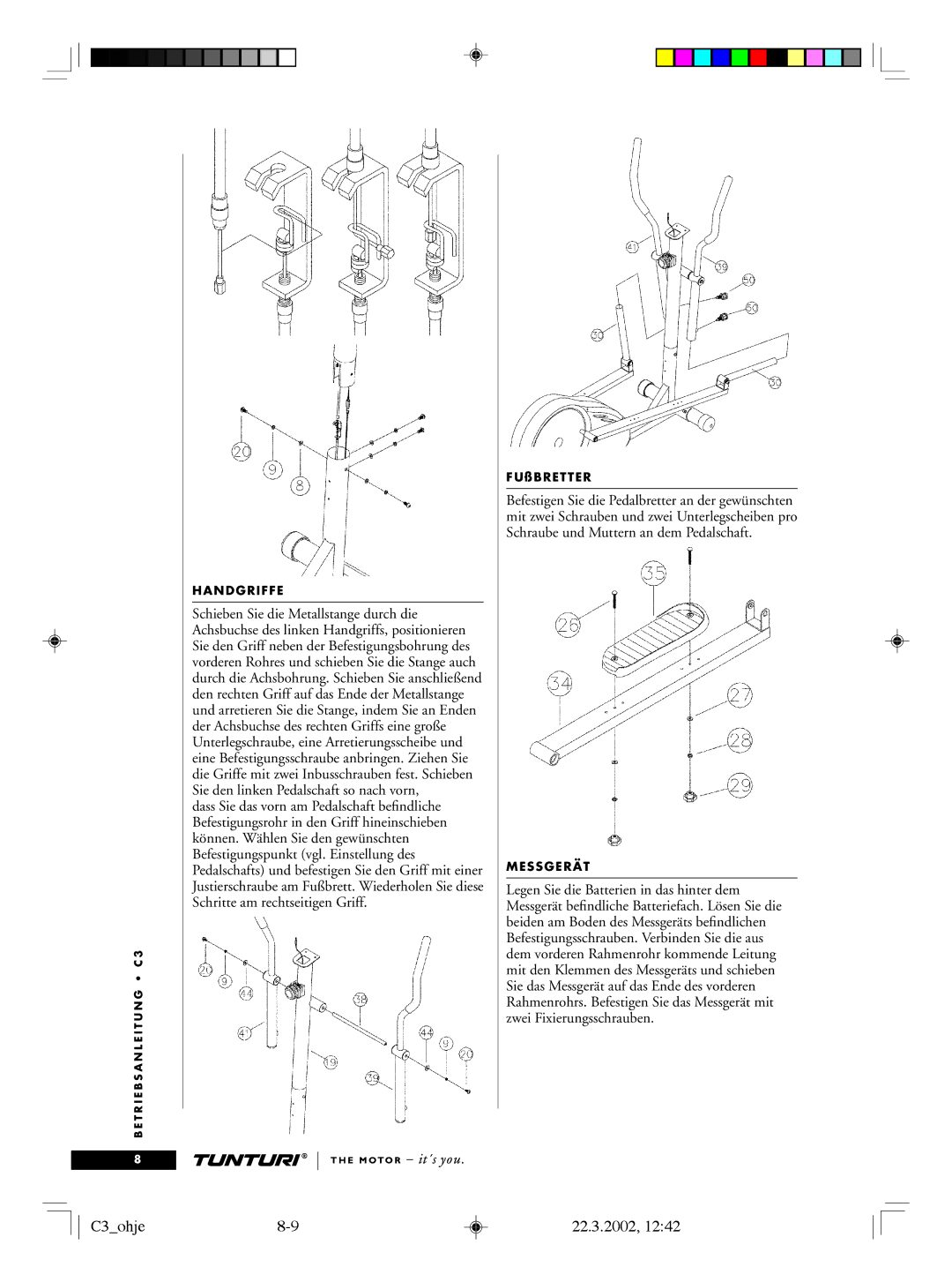 Tunturi owner manual C3ohje8-9 22.3.2002, Handgriffe, Messgerät 