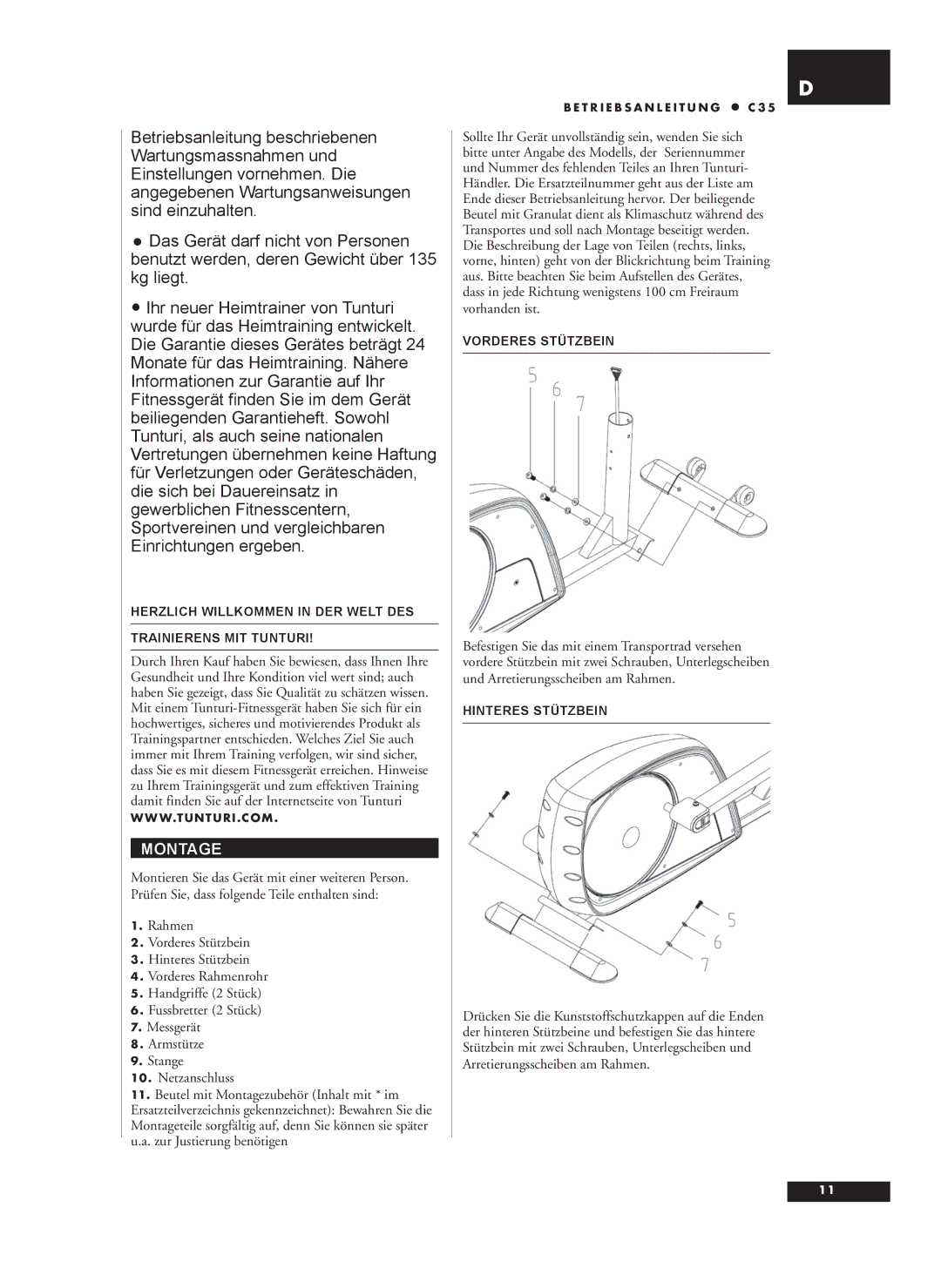 Tunturi C35 Montage, Herzlich Willkommen in DER Welt DES Trainierens MIT Tunturi, Vorderes Stützbein, Hinteres Stützbein 