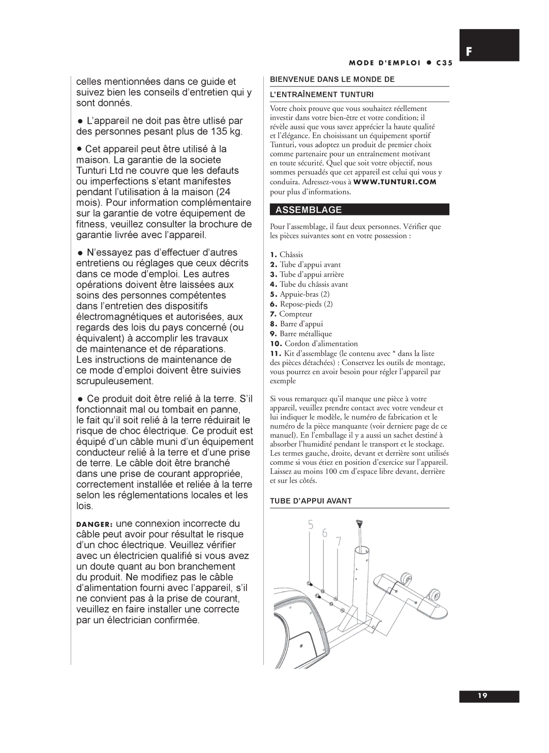 Tunturi C35 owner manual Assemblage, Bienvenue Dans LE Monde DE ’ENTRAÎNEMENT Tunturi, Tube D’APPUI Avant 