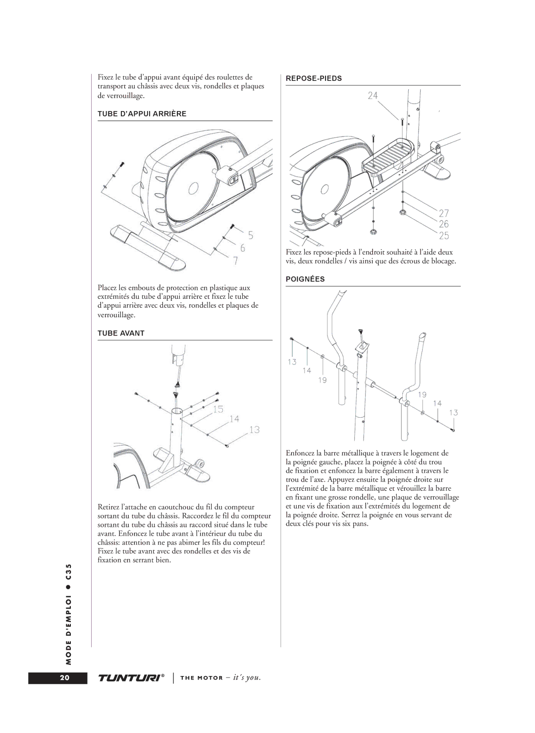 Tunturi C35 owner manual Tube D’APPUI Arrière, Tube Avant, Repose-Pieds, Poignées 