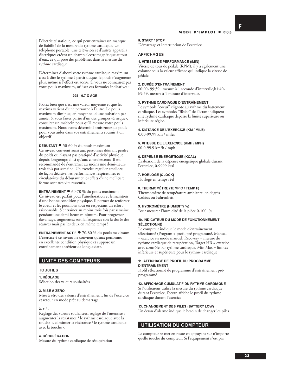 Tunturi C35 owner manual Unite DES Compteurs, Utilisation DU Compteur 