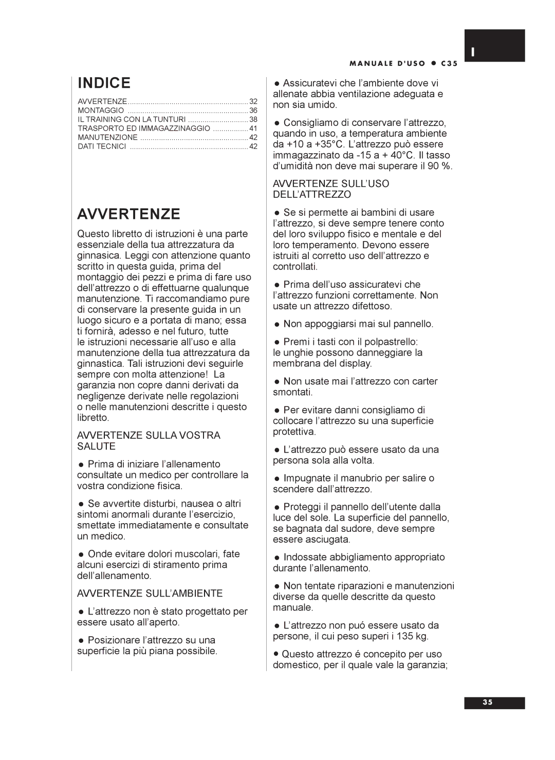 Tunturi C35 owner manual Indice, Avvertenze 