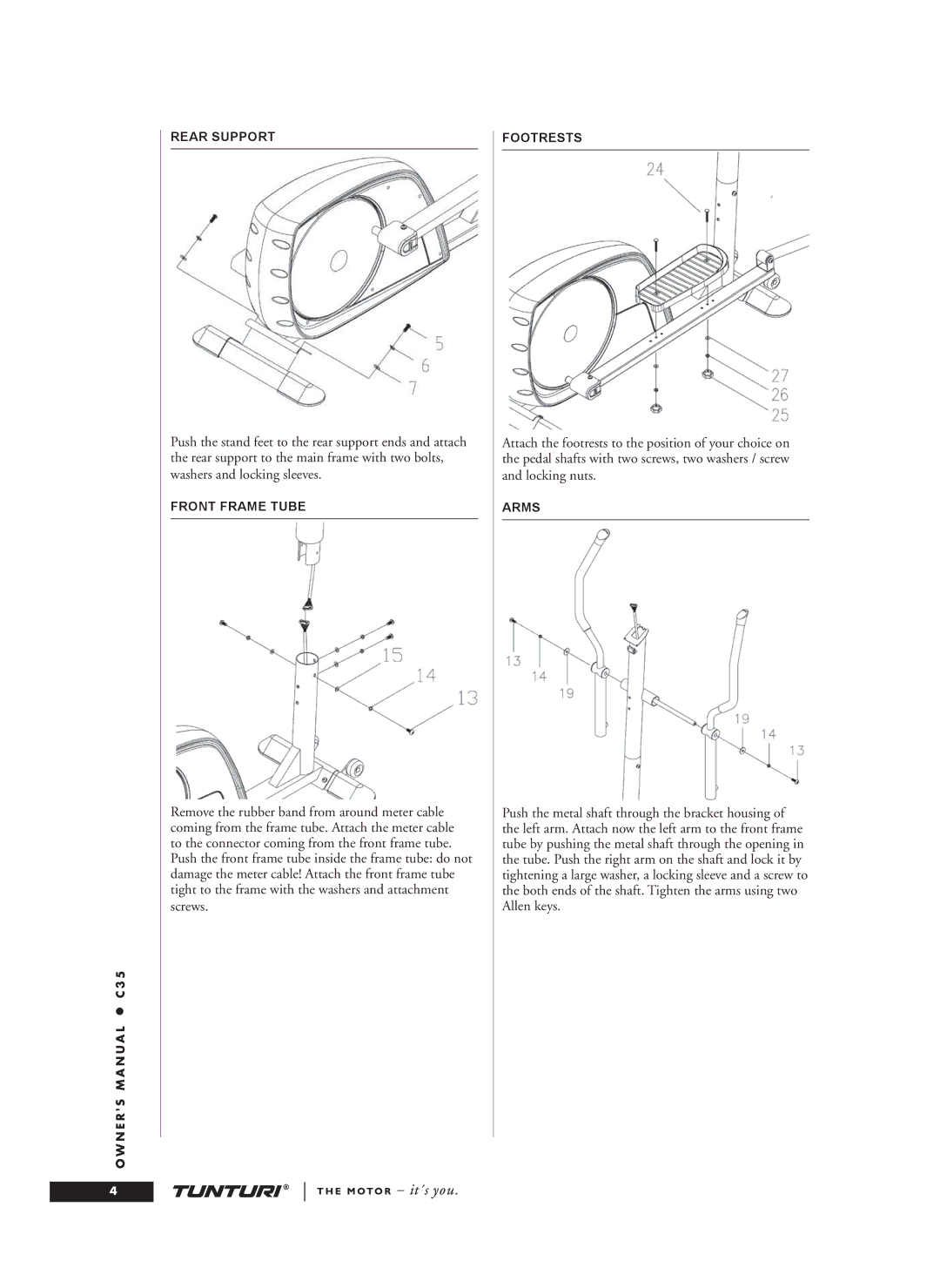 Tunturi C35 owner manual Rear Support, Front Frame Tube, Footrests, Arms 