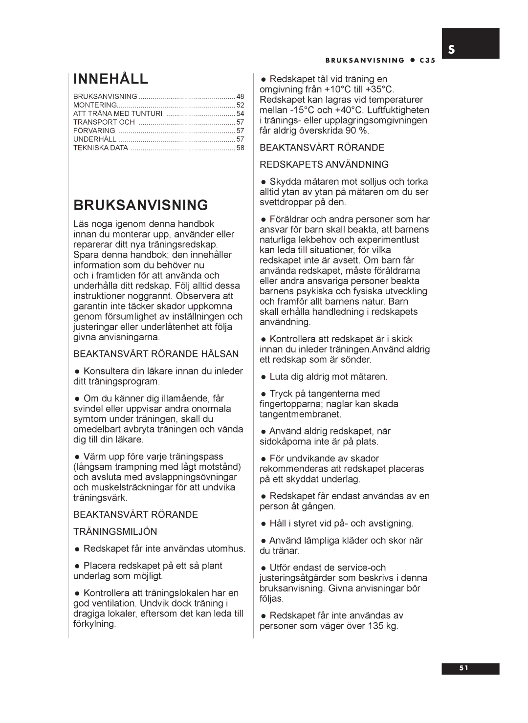 Tunturi C35 owner manual Innehåll, Bruksanvisning 