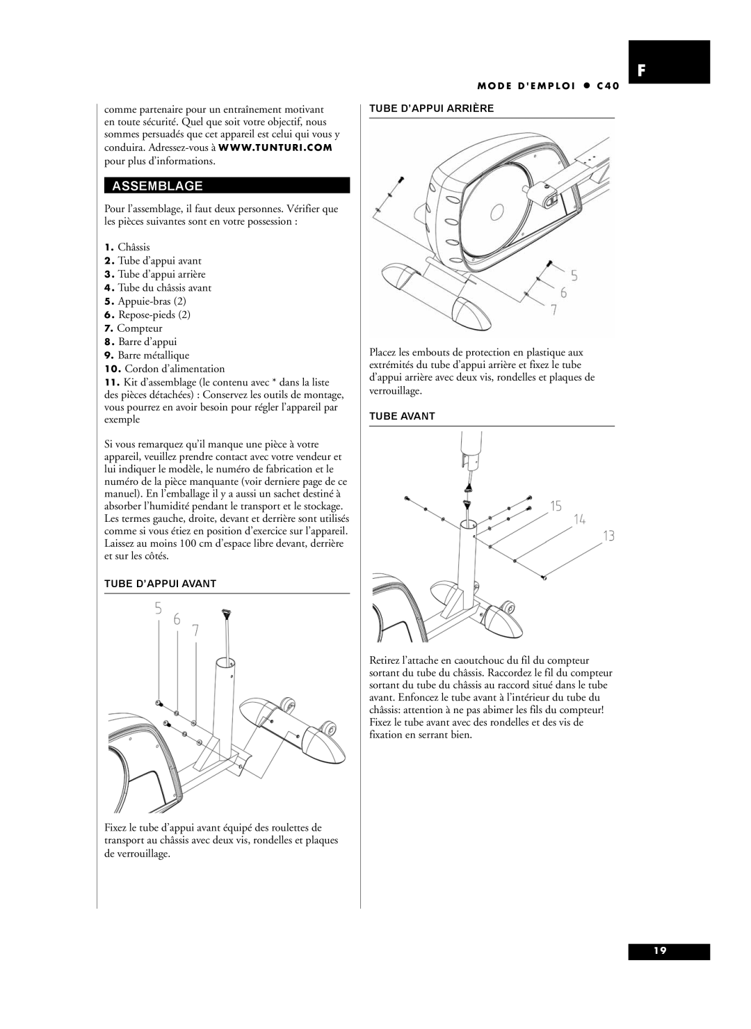 Tunturi C40 owner manual Assemblage, Pour plus d’informations, Tube D’APPUI Avant, Tube D’APPUI Arrière, Tube Avant 