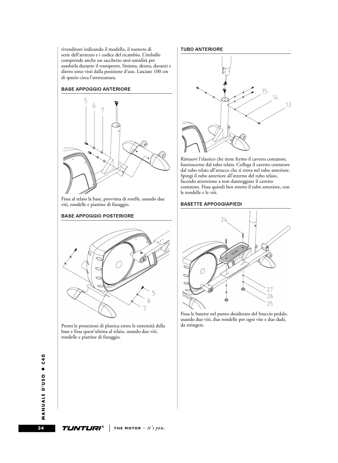 Tunturi C40 owner manual Base Appoggio Anteriore, Base Appoggio Posteriore, Tubo Anteriore, Basette Appoggiapiedi 