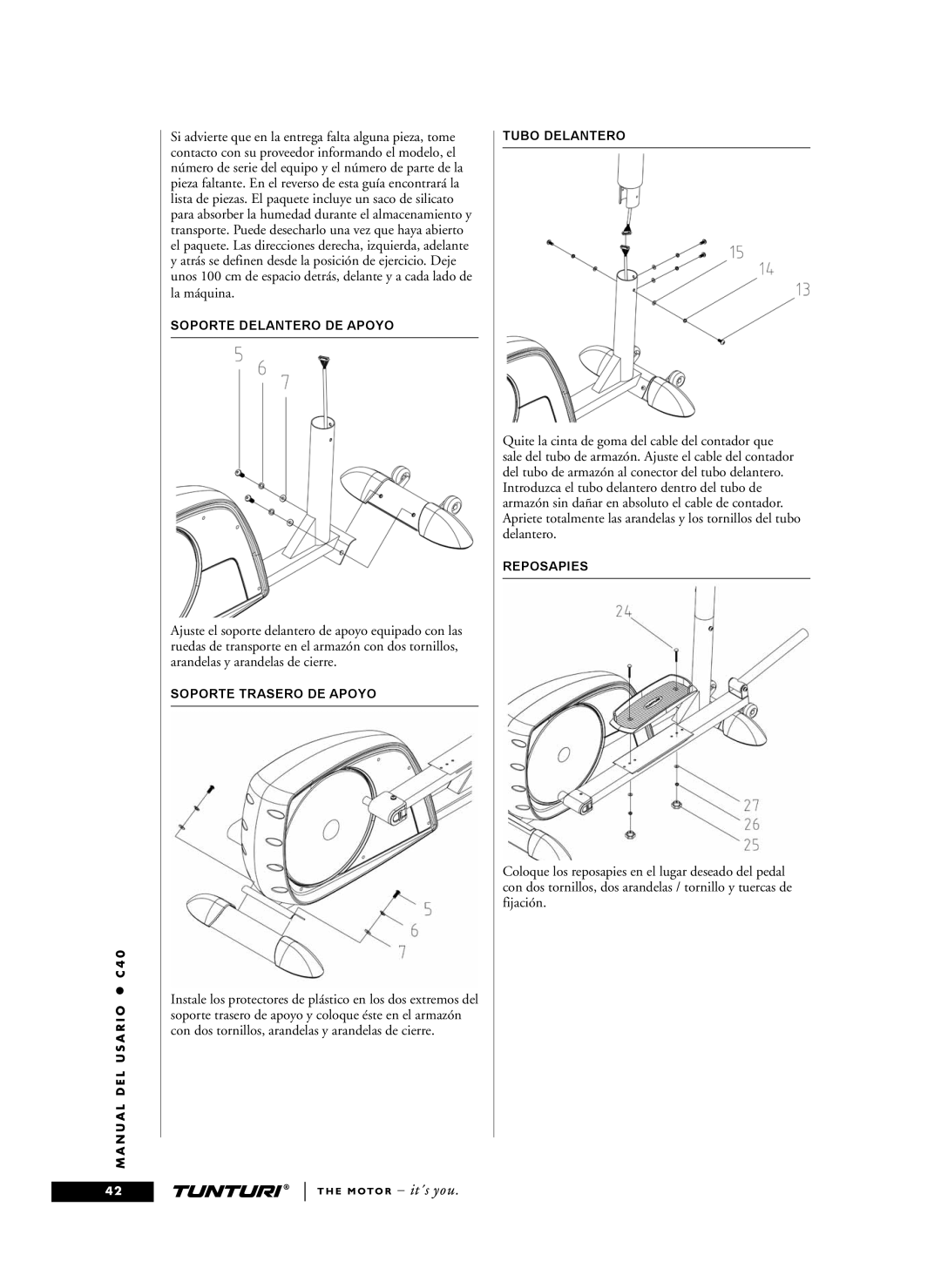 Tunturi C40 owner manual Soporte Delantero DE Apoyo, Soporte Trasero DE Apoyo, Tubo Delantero, Reposapies 