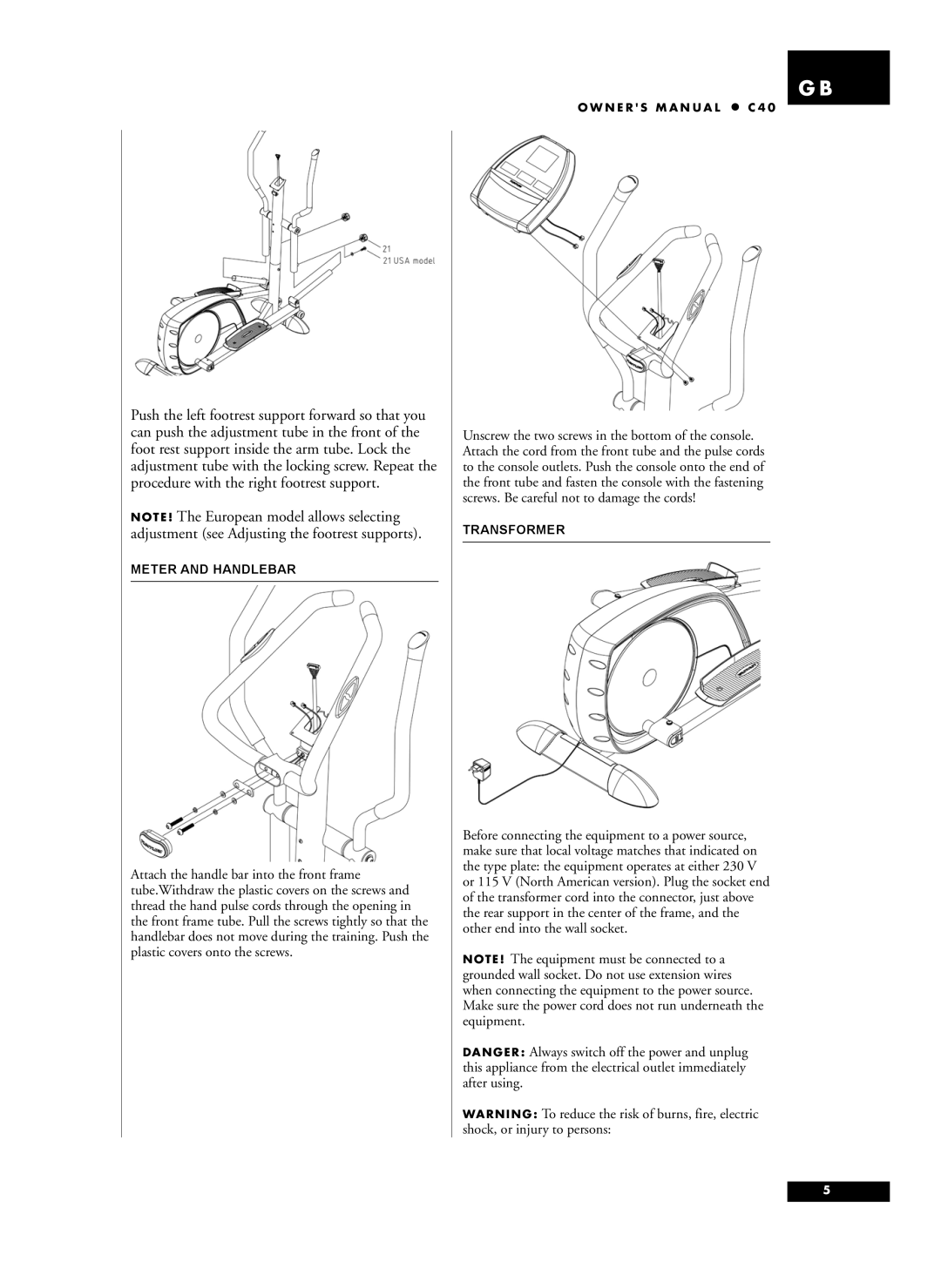 Tunturi C40 owner manual Meter and Handlebar, Transformer 