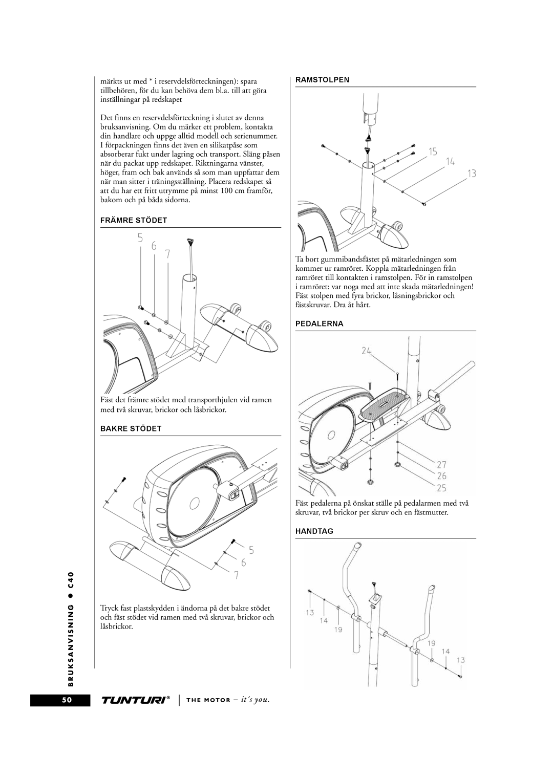 Tunturi C40 owner manual Främre Stödet, Bakre Stödet, Ramstolpen, Pedalerna, Handtag 