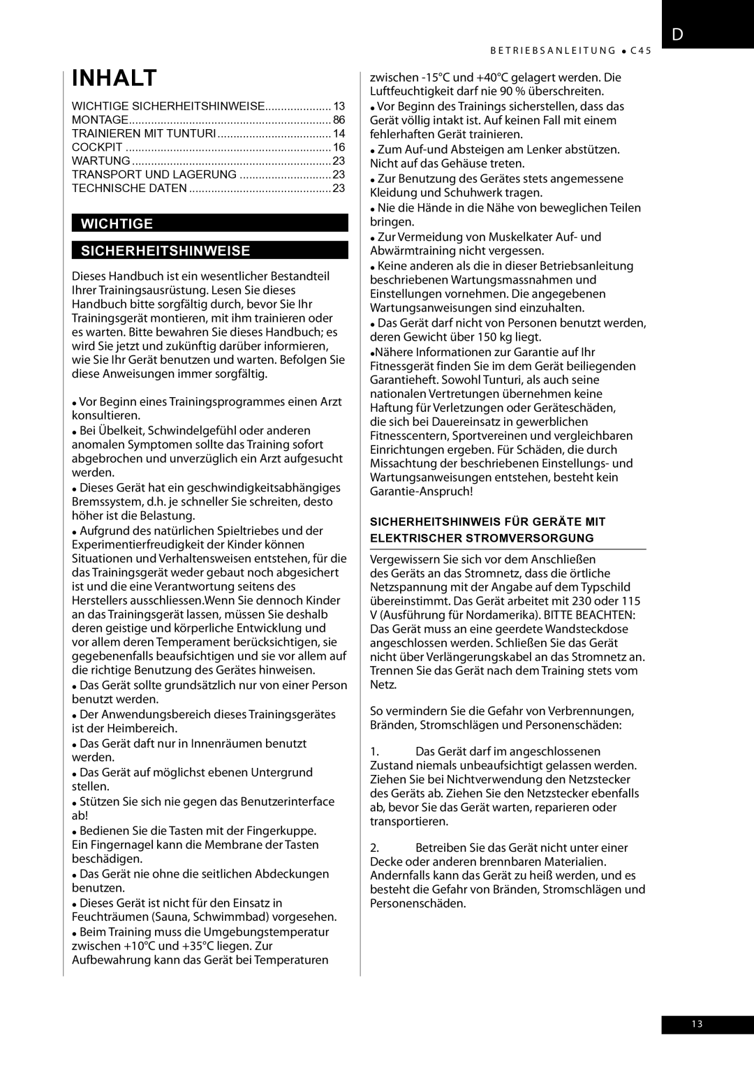 Tunturi C45 owner manual Inhalt, Wichtige Sicherheitshinweise 