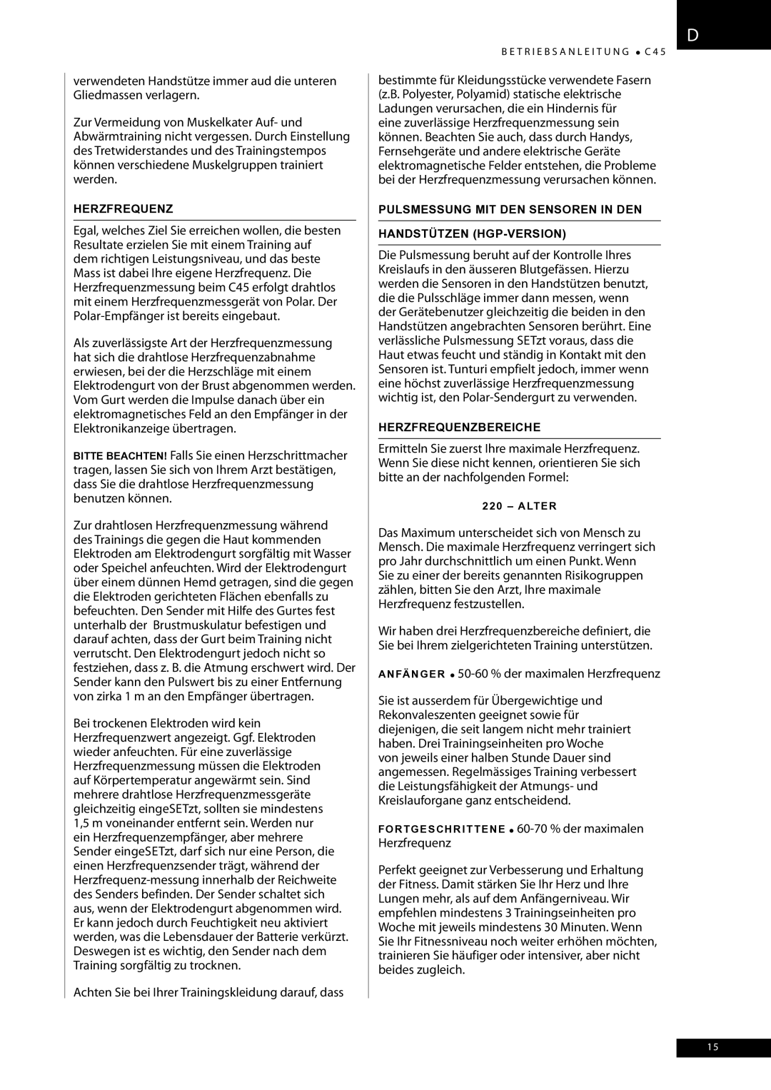 Tunturi C45 owner manual Pulsmessung MIT DEN Sensoren in DEN Handstützen HGP-VERSION, Herzfrequenzbereiche 