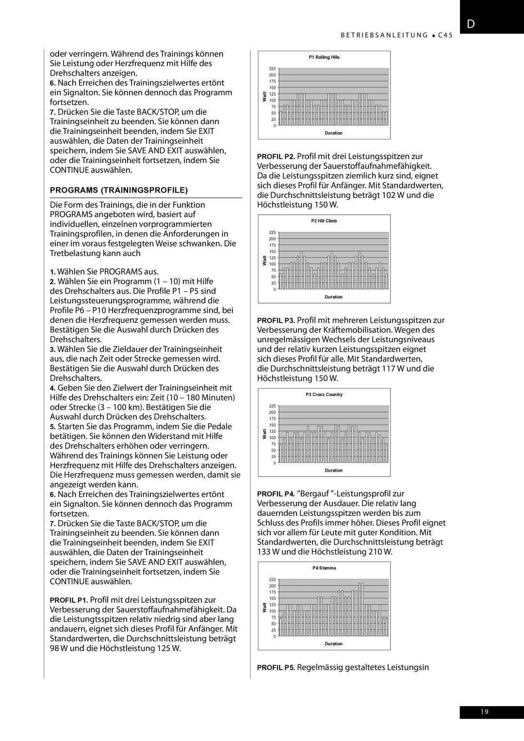 Tunturi C45 owner manual Profil P5. Regelmässig gestaltetes Leistungsin, Programs Trainingsprofile 