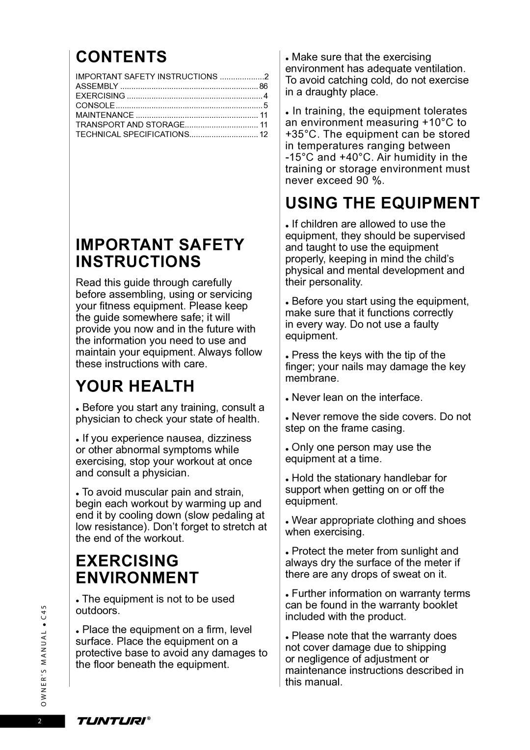 Tunturi C45 owner manual Important Safety Instructions 