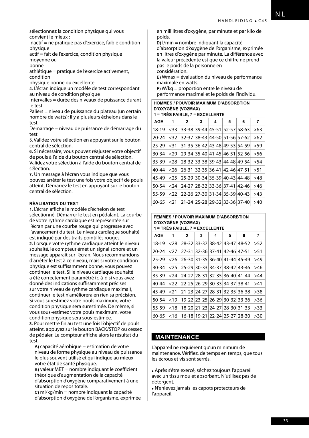 Tunturi C45 owner manual Maintenance 