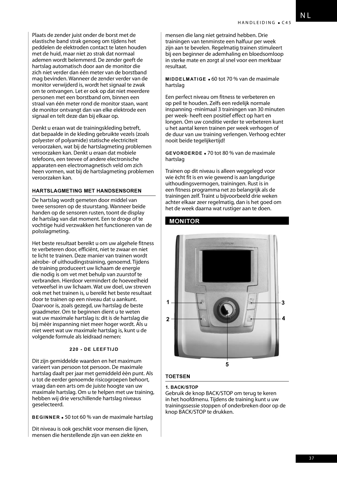 Tunturi C45 owner manual Monitor, Hartslagmeting MET Handsensoren, Toetsen 