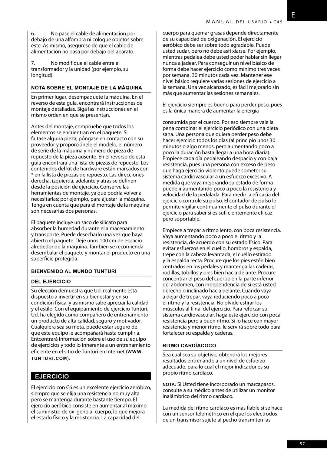 Tunturi C45 Nota sobre el montaje de la máquina, Bienvenido AL Mundo Tunturi DEL Ejercicio, Ritmo Cardíacoco 