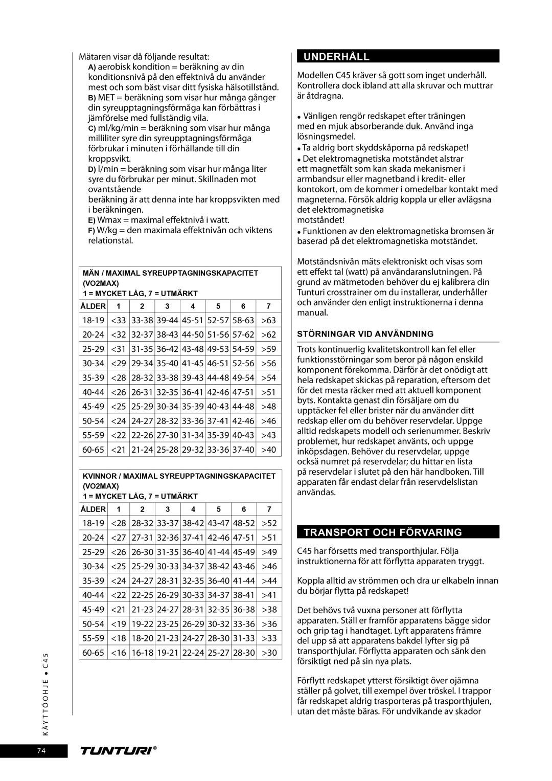 Tunturi C45 owner manual Underhåll, Transport OCH Förvaring, Mätaren visar då följande resultat, Störningar VID Användning 