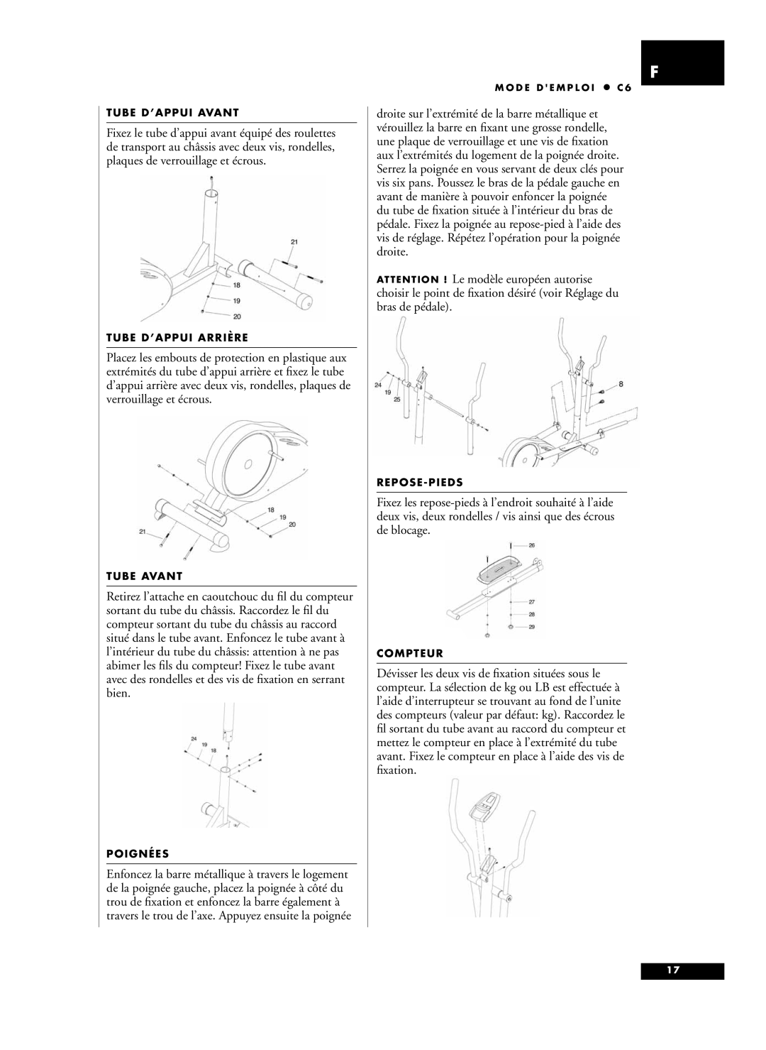 Tunturi C6 owner manual Tube D’APPUI Avant 