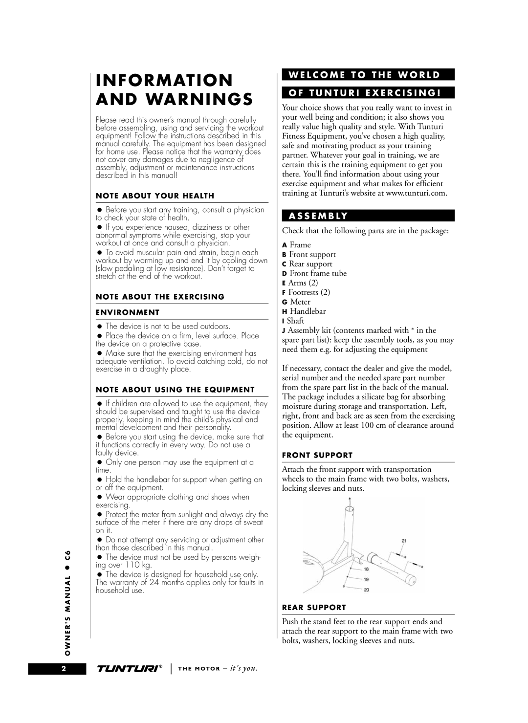 Tunturi C6 owner manual Information and Warnings, S E M B Ly 