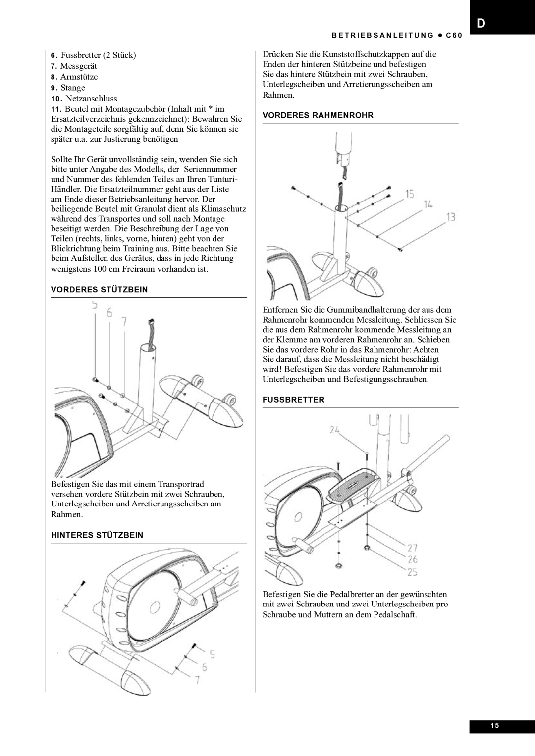 Tunturi C60 owner manual Vorderes Stützbein 