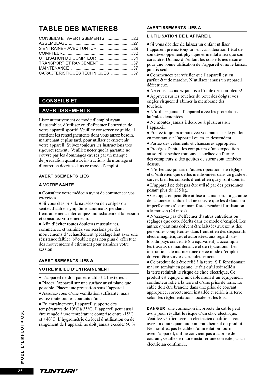 Tunturi C60 owner manual Table DES Matieres, Conseils ET Avertissements 