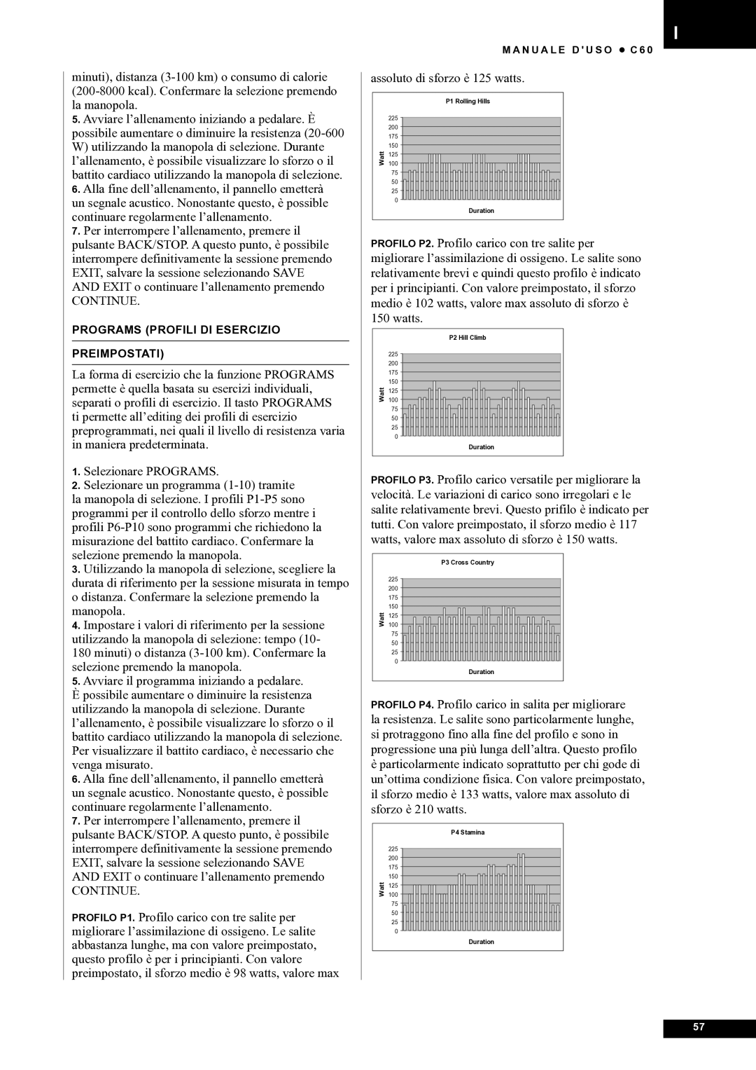 Tunturi C60 owner manual Assoluto di sforzo è 125 watts 