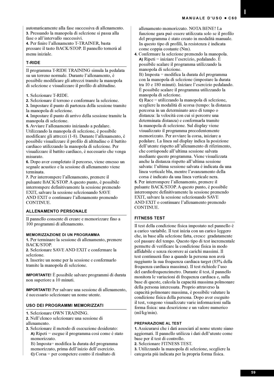 Tunturi C60 owner manual Allenamento Personale 