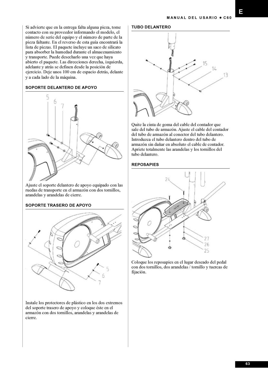 Tunturi C60 owner manual Soporte Delantero DE Apoyo 