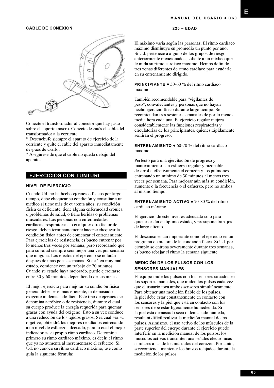 Tunturi C60 owner manual Ejercicios CON Tunturi, Medición DE LOS Pulsos CON LOS Sensores Manuales 