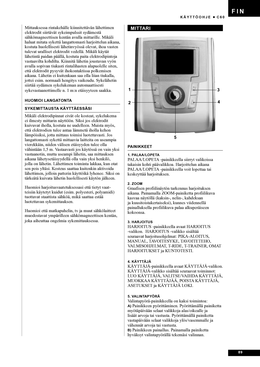 Tunturi C60 owner manual Mittari 