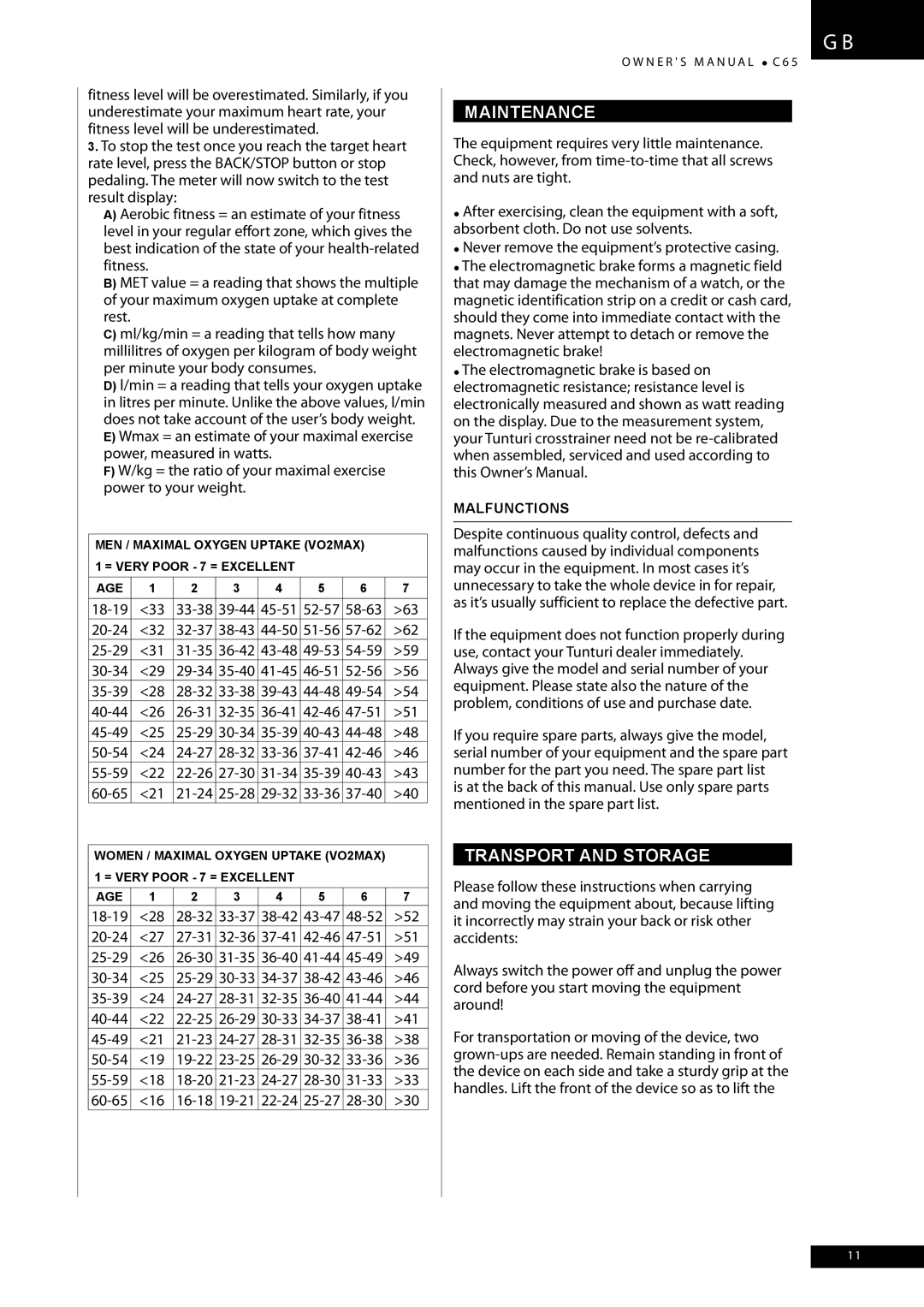 Tunturi C65 owner manual Transport and Storage 