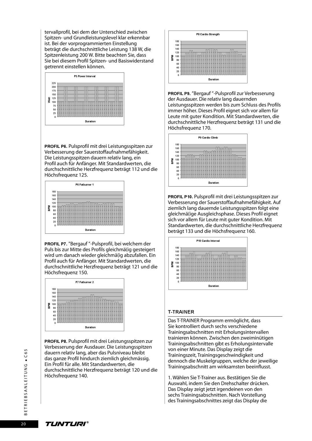 Tunturi C65 owner manual Des Trainingsabschnittes zeigt das Display die, Trainer 