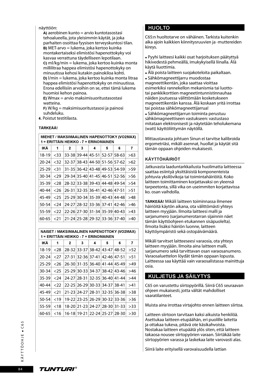 Tunturi C65 Huolto, Kuljetus JA Säilytys, Näyttöön, Siirrä laite erityisellä varovaisuudella lattian, Käyttöhäiriöt 