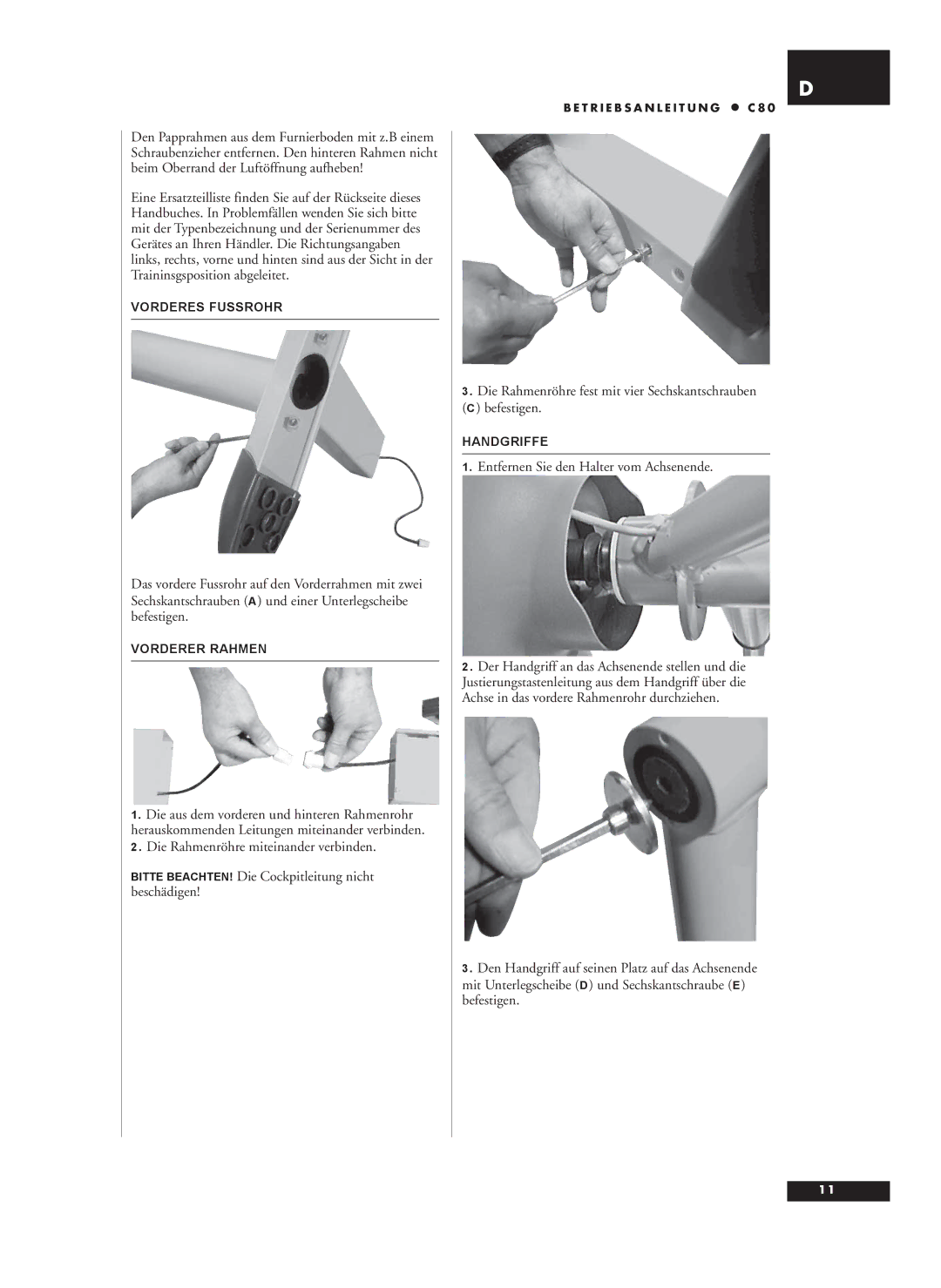 Tunturi C80 owner manual Entfernen Sie den Halter vom Achsenende, Vorderes Fussrohr, Vorderer Rahmen, Handgriffe 
