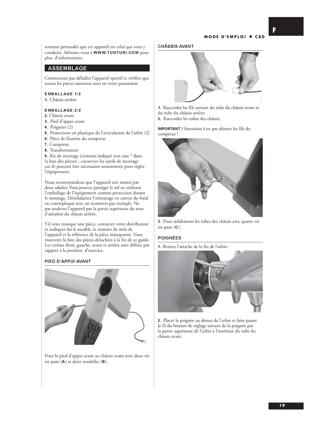 Tunturi C80 owner manual Assemblage, Châssis arrière, Pied D’APPUI Avant, Châssis Avant, Poignées 