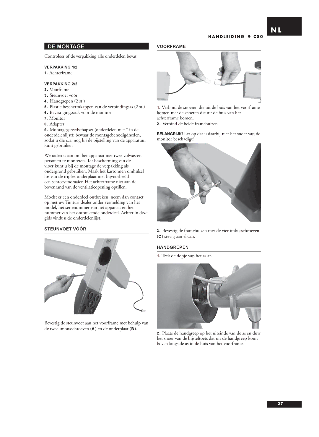 Tunturi C80 owner manual DE Montage, Controleer of de verpakking alle onderdelen bevat, Achterframe 