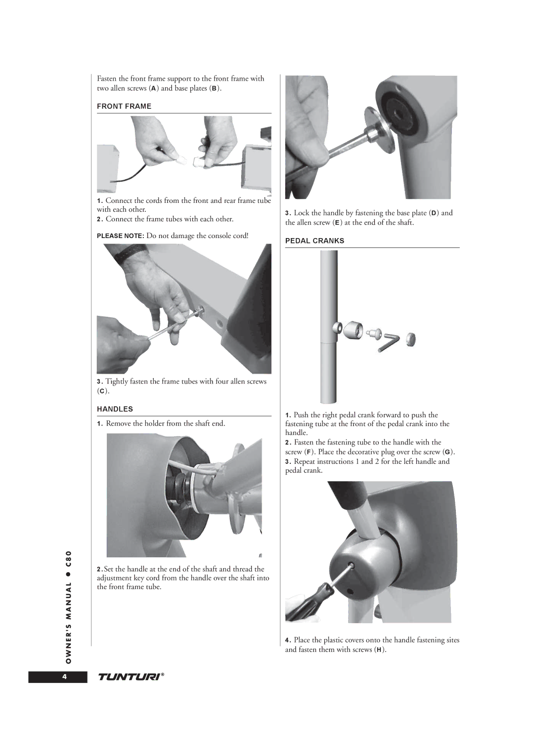 Tunturi C80 owner manual Front Frame, Handles, Pedal Cranks 