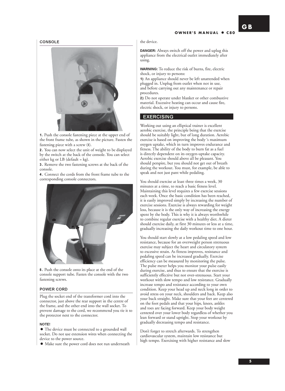 Tunturi C80 owner manual Exercising, Console, Power Cord 