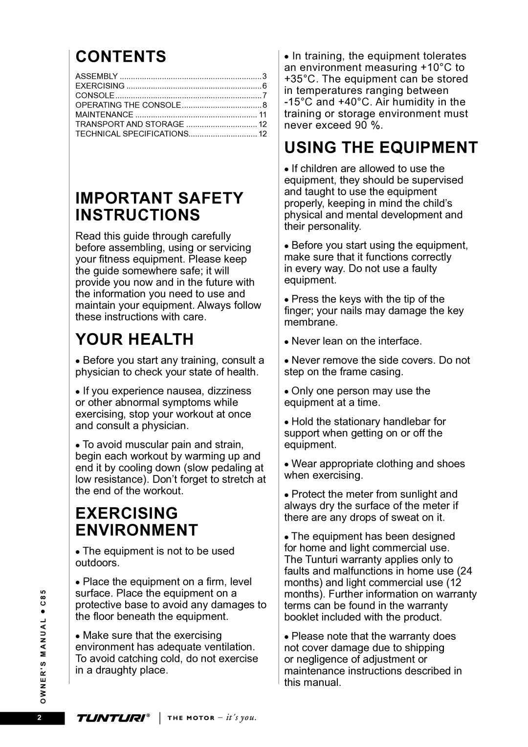 Tunturi C85 owner manual Contents 